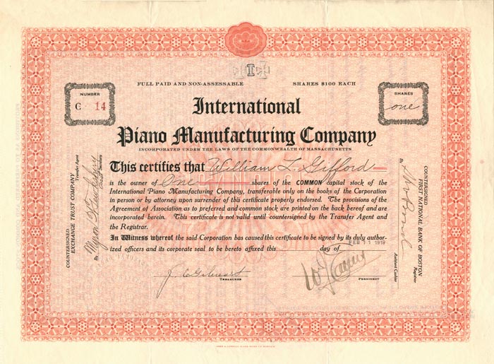 International Piano Manufacturing Co. - Stock Certificate